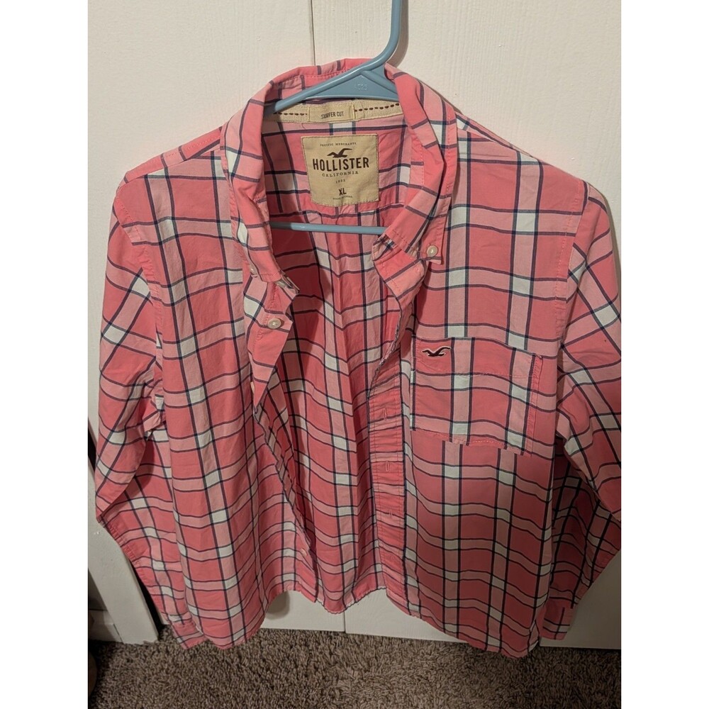 Hollister Men's Long Sleeve Button Down Plaid PINK Navy White Valentine's Day XL